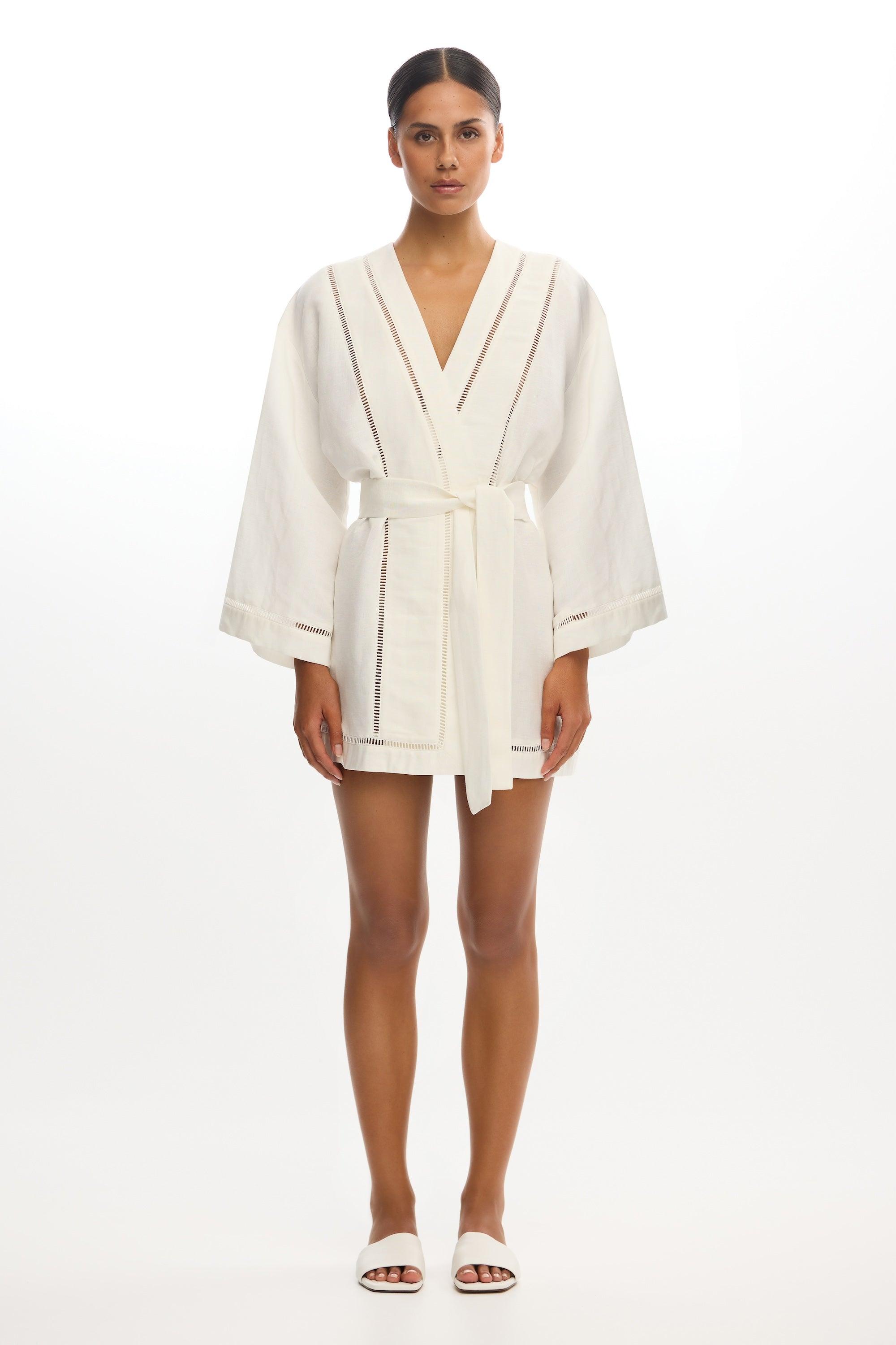 SO ONLINE AU Izzy Long Sleeve Mini Dress For Linen Blend, Long Bell Sleeves, Self-Waist Tie, Ladder Trim Detail in White | Lyst SO ONLINE AU Izzy Long Sleeve Mini Dress For Linen Blend, Long Bell Sleeves, Self-Waist Tie, Ladder Trim Detail in White | Lyst