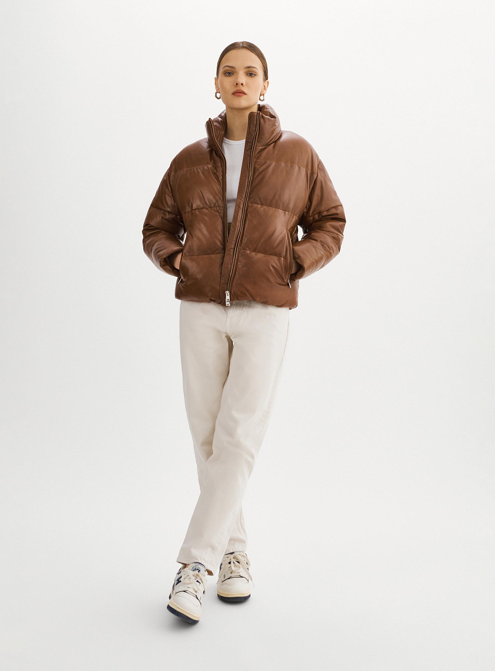 Lamarque Iris Genuine Leather Puffer Jacket in Brown (Natural) | Lyst