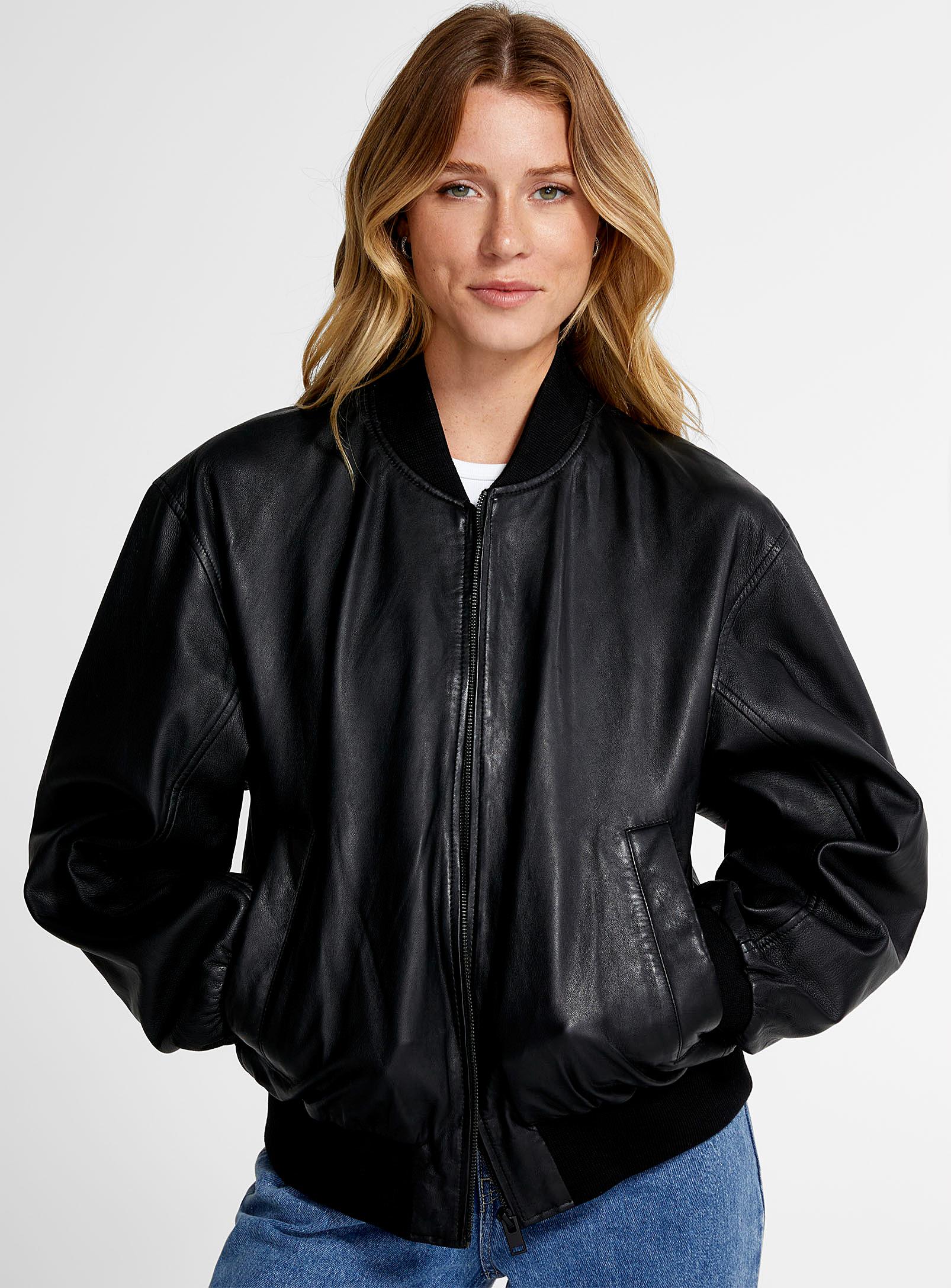 Black leather bomber clearance womens
