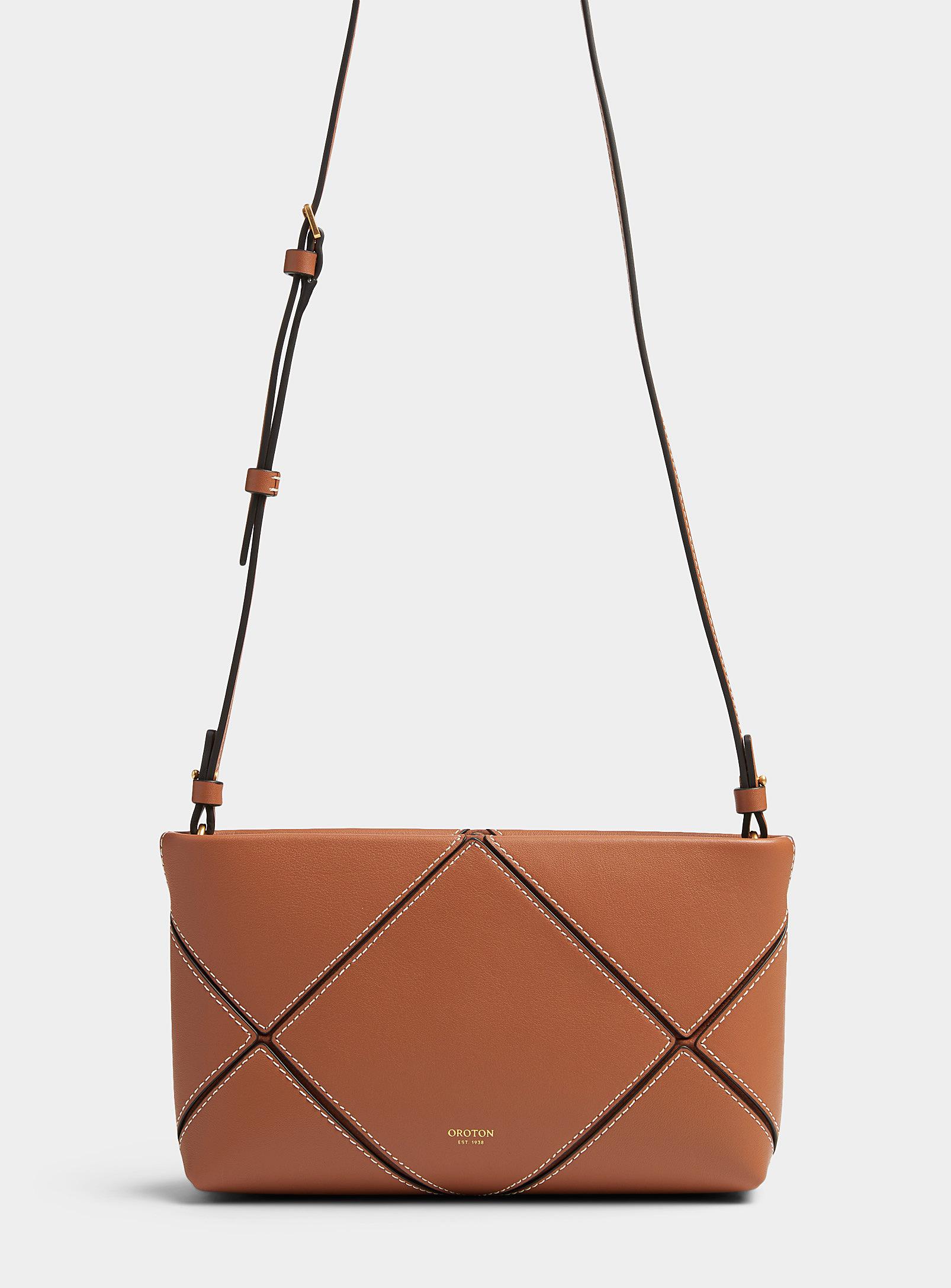 Oroton Patch Topstitched Bucket Bag in Brown | Lyst