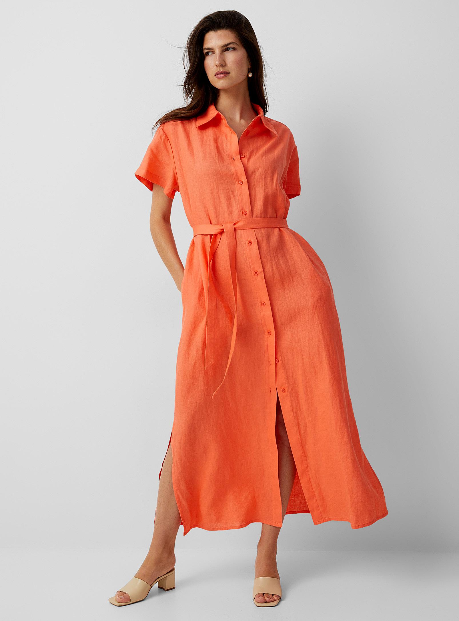 Benetton Organic Coral Linen Shirtdress in Orange | Lyst