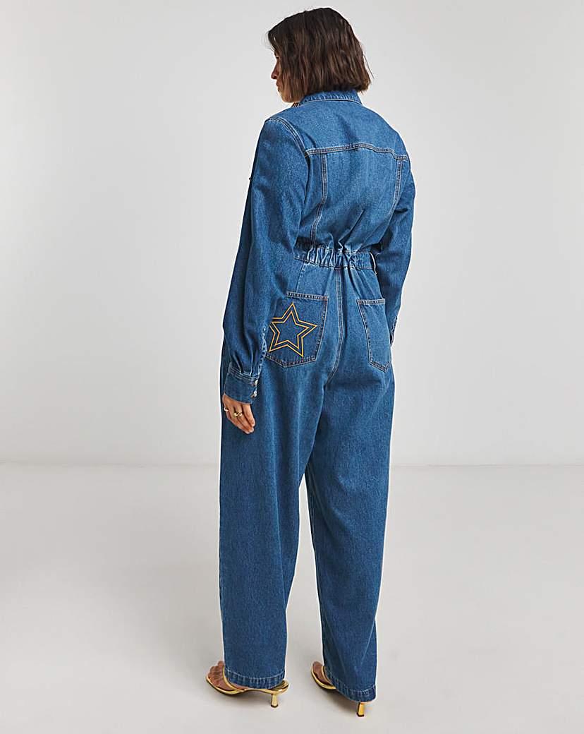 Simply Be|Twisted Wunder Mid Wash Tapered Leg Jumpsuit in Blue