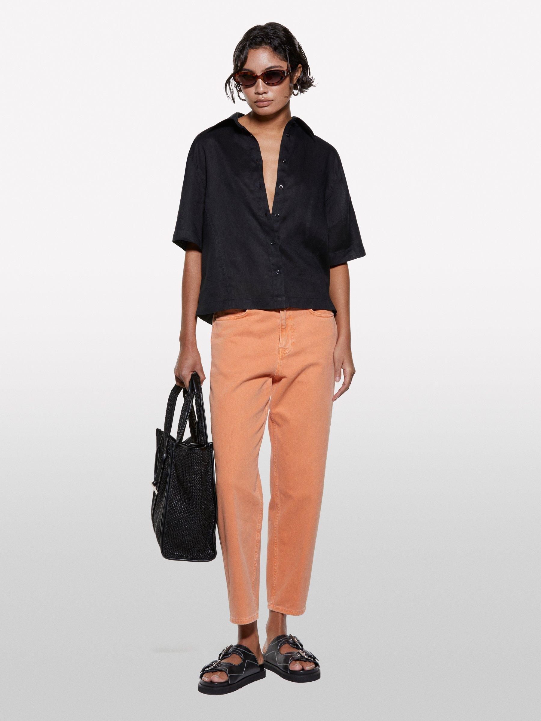 Camicia Nera Sisley Camicia Nera A Maniche Corte In 100% Lino Di