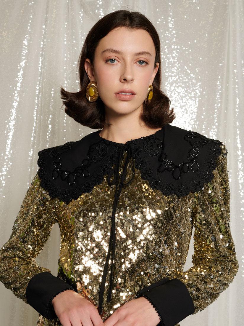 sister jane gold dress Marigold Jacquard Tiered Dress Venetian Gold / S