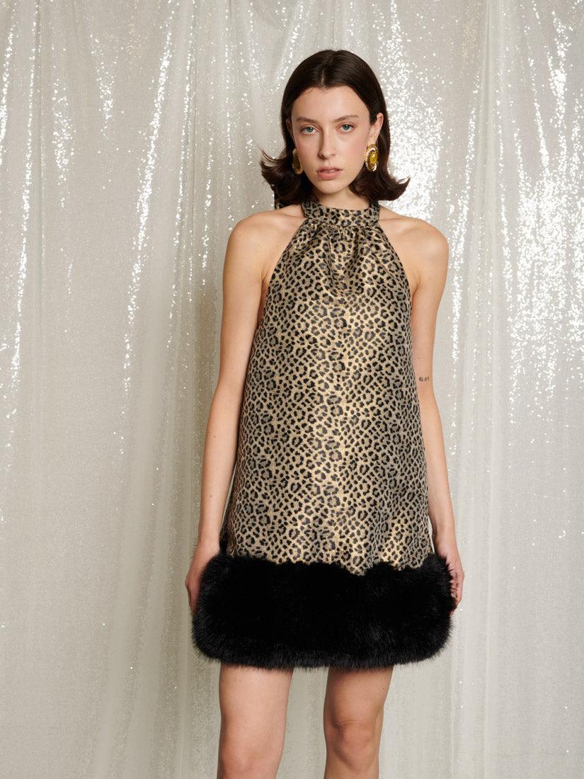 slim fit dress slacks Vintage Leopard Lapel Plush Midi Sheath Dress,L
