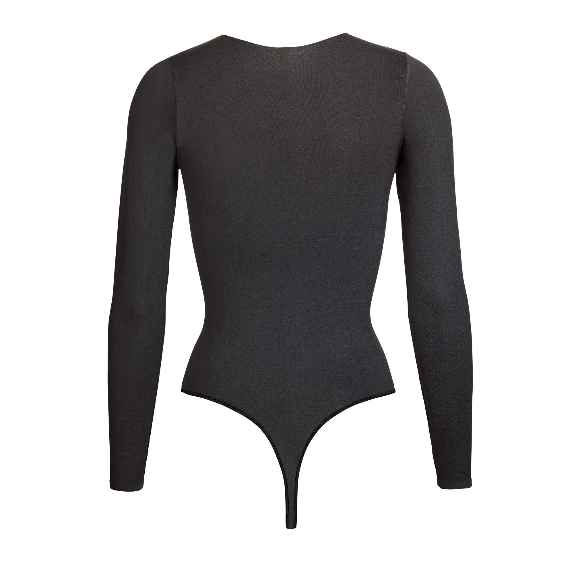 Skims Satin Long Sleeve Crew Neck Thong Bodysuit in Onyx (Black) Lyst