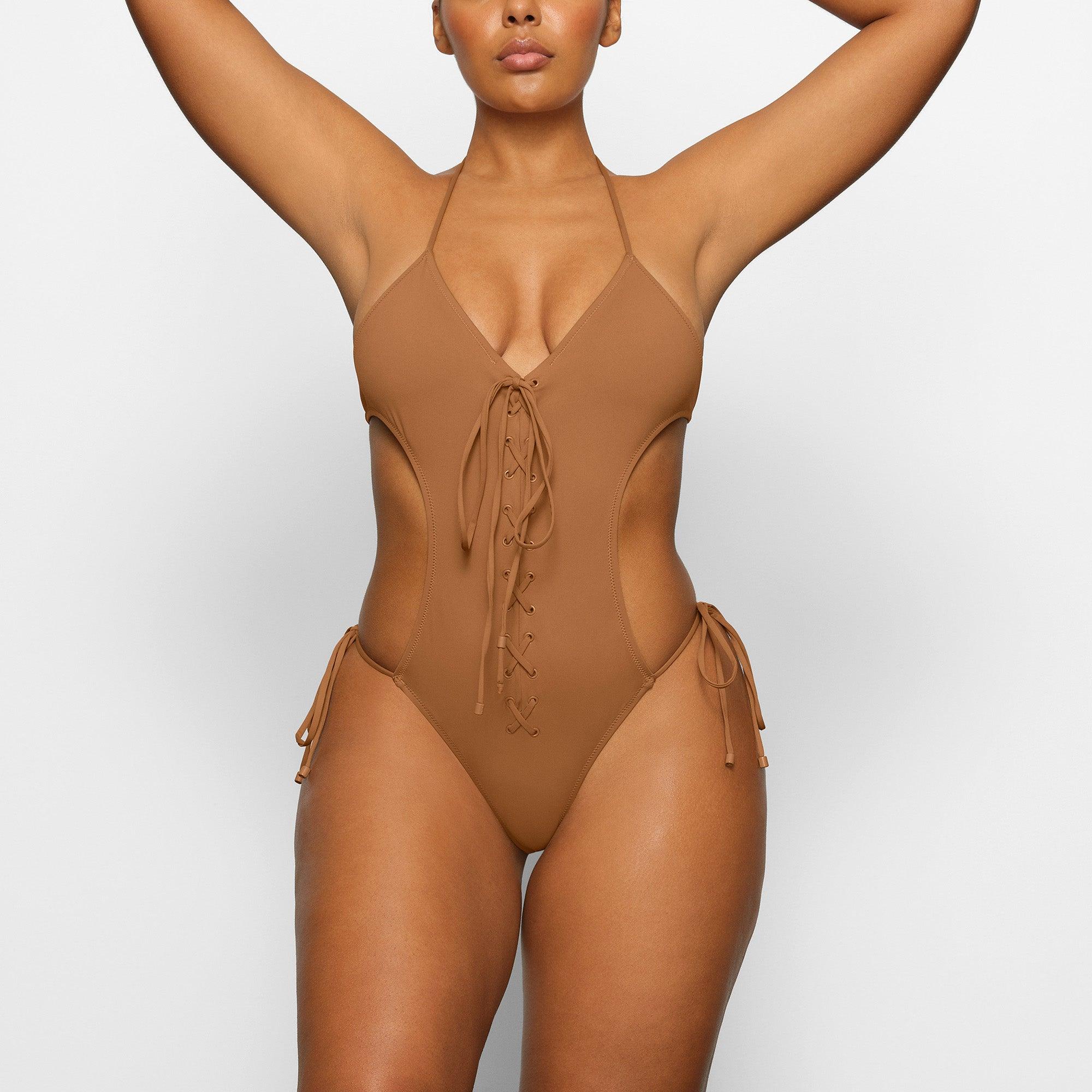 Skims Lace Up Monokini in Brown