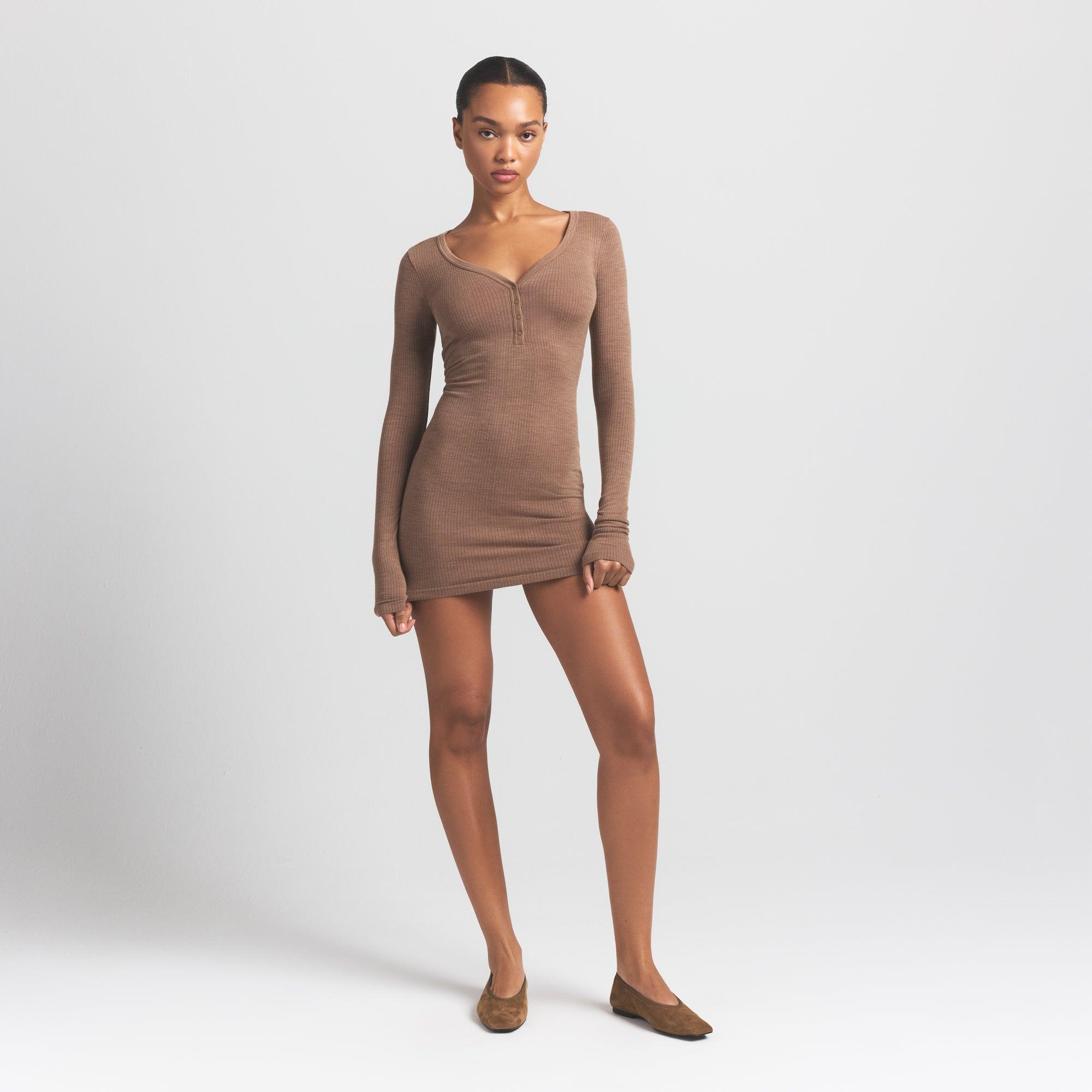 bodycon henley dress Skims in Brown Halter Mesh Insert Draped Color:Black / Off-White 26WK02 50.75in / 129.0cm