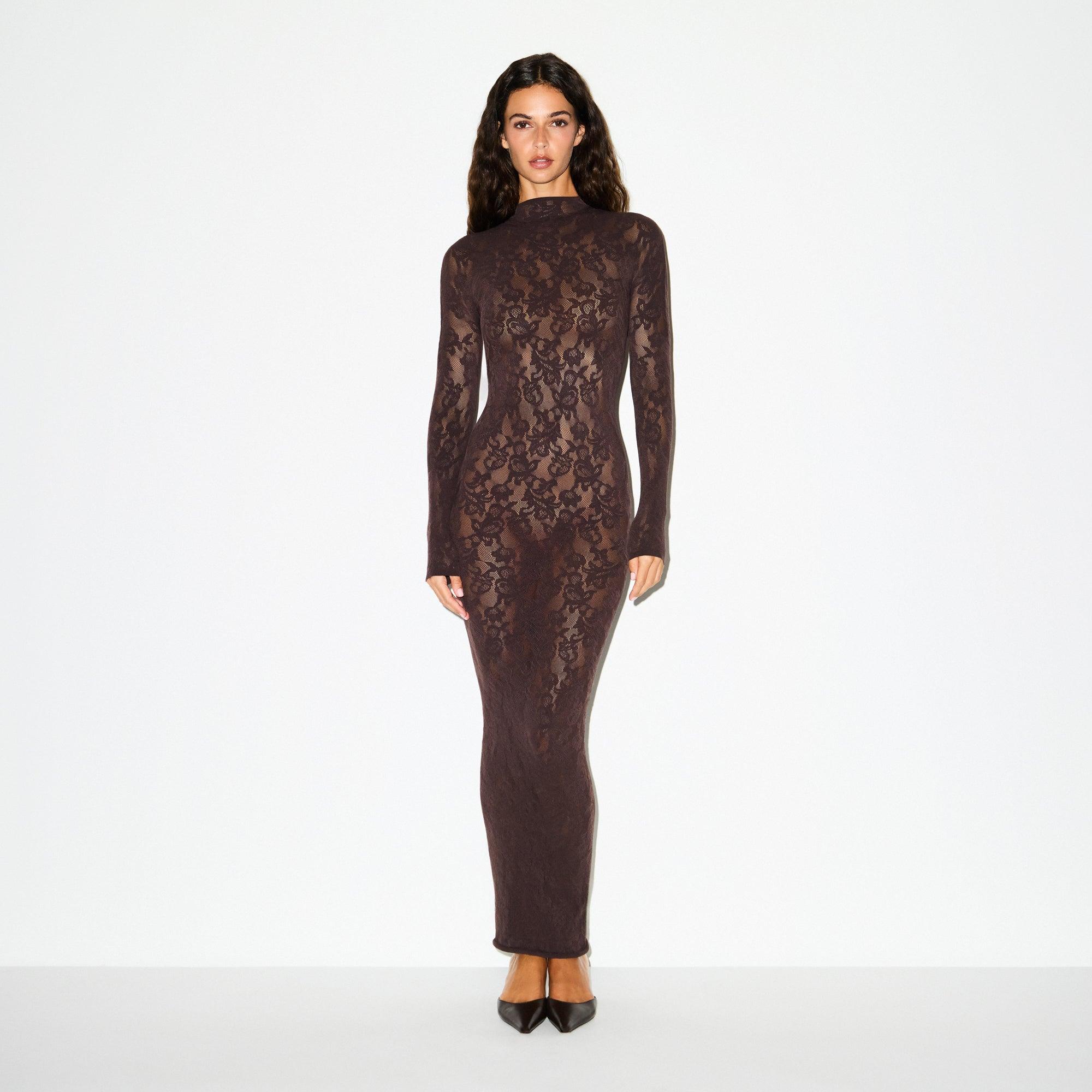 Skims Mock Neck Long Dress in Brown | Lyst