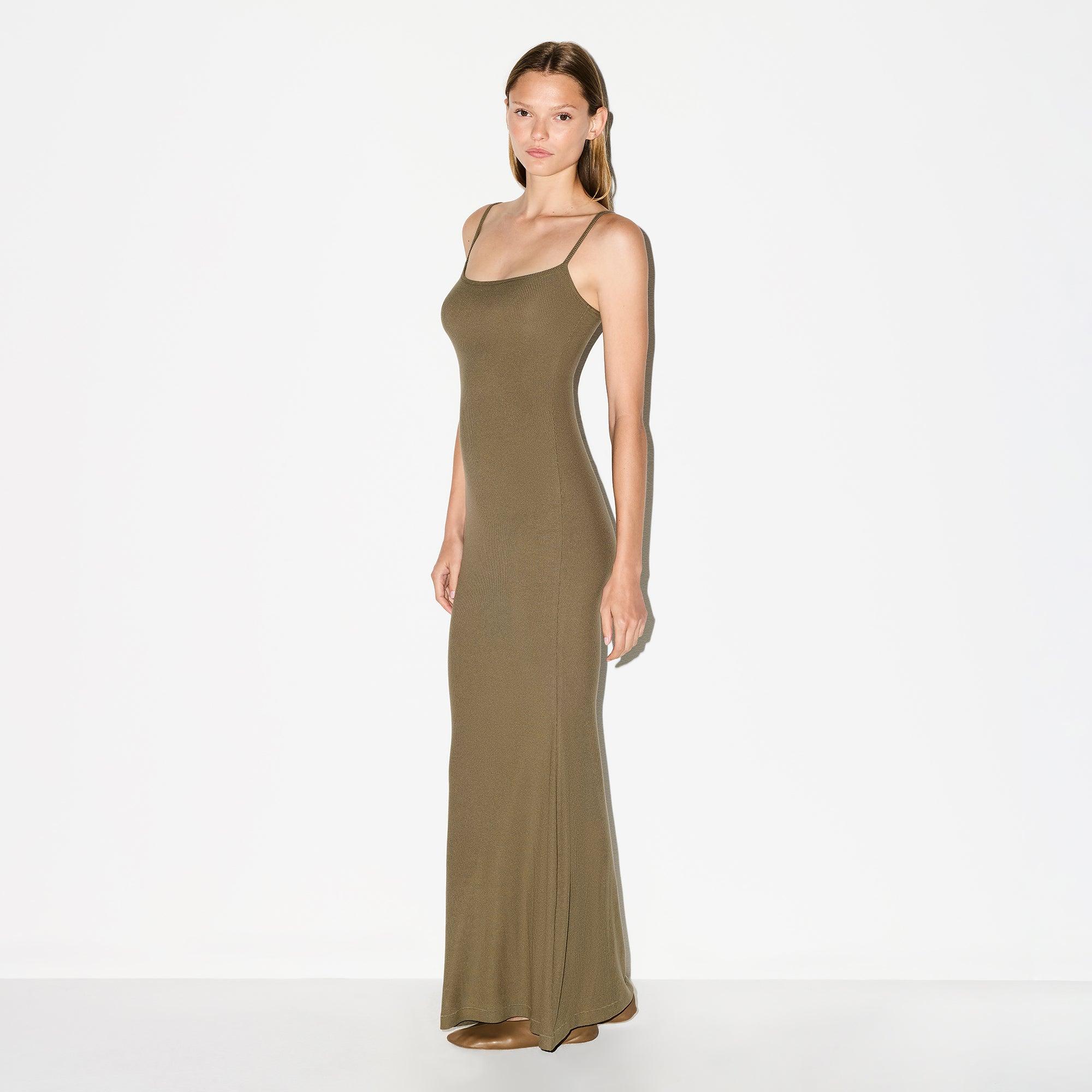 Skims Long Slip Dress in Green | Lyst