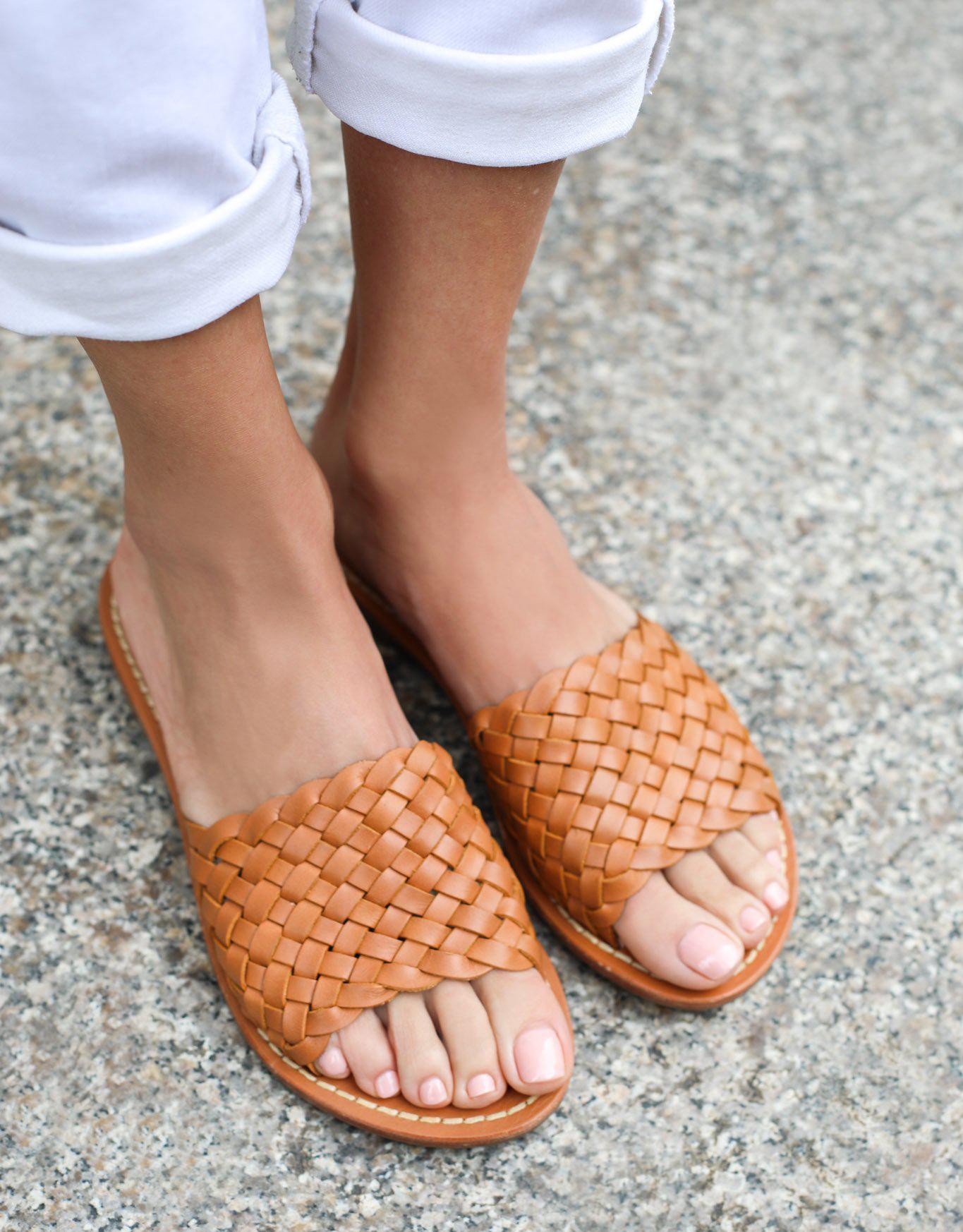 leather woven slides