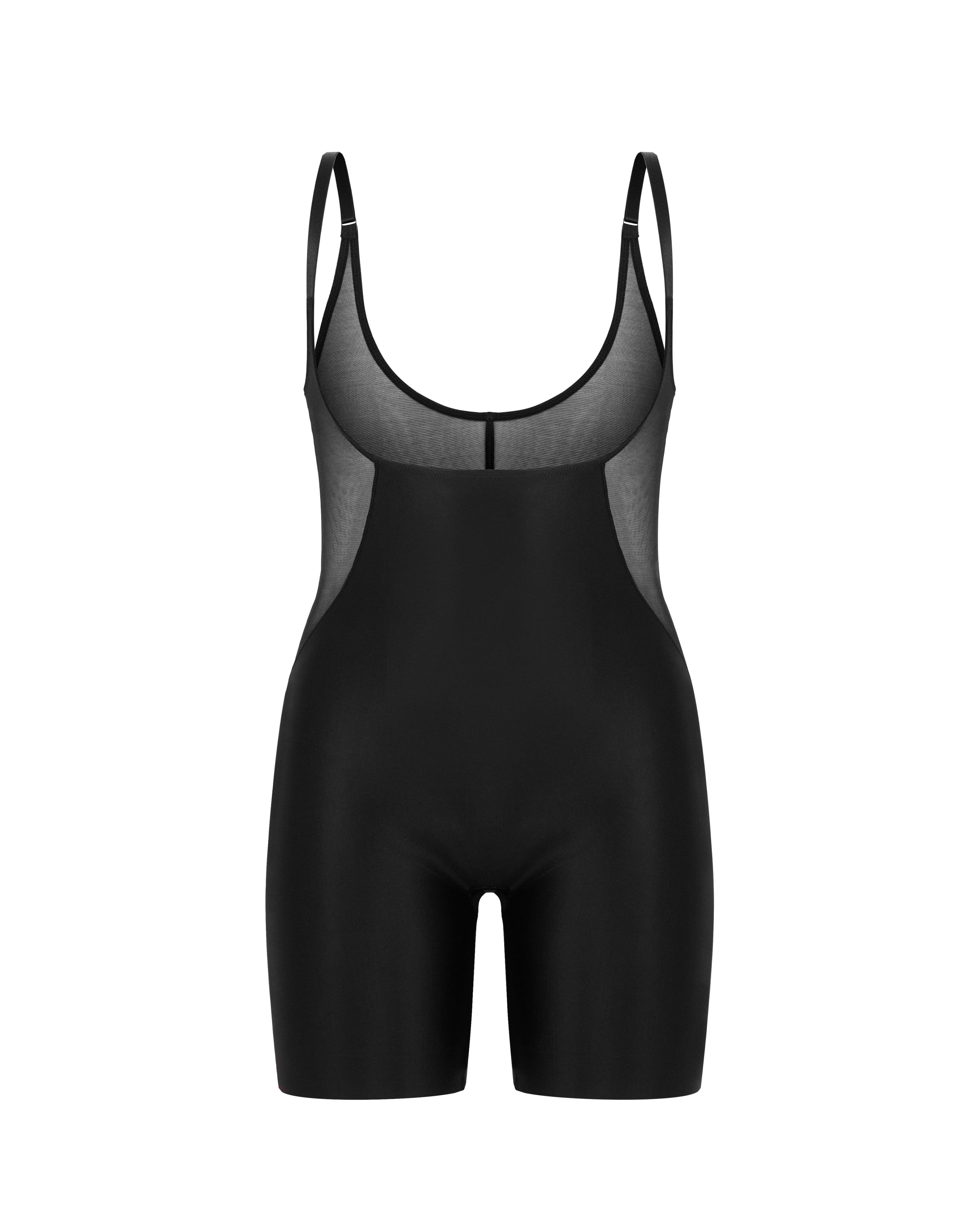 Spanx Shaping Satin Mesh Open-bust Mid-thigh Bodysuit in Black | Lyst