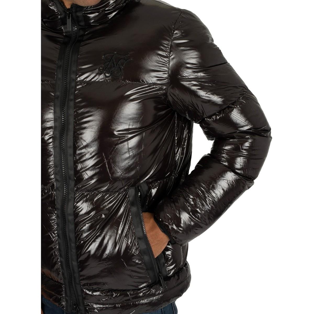 siksilk wet look puffer jacket in black
