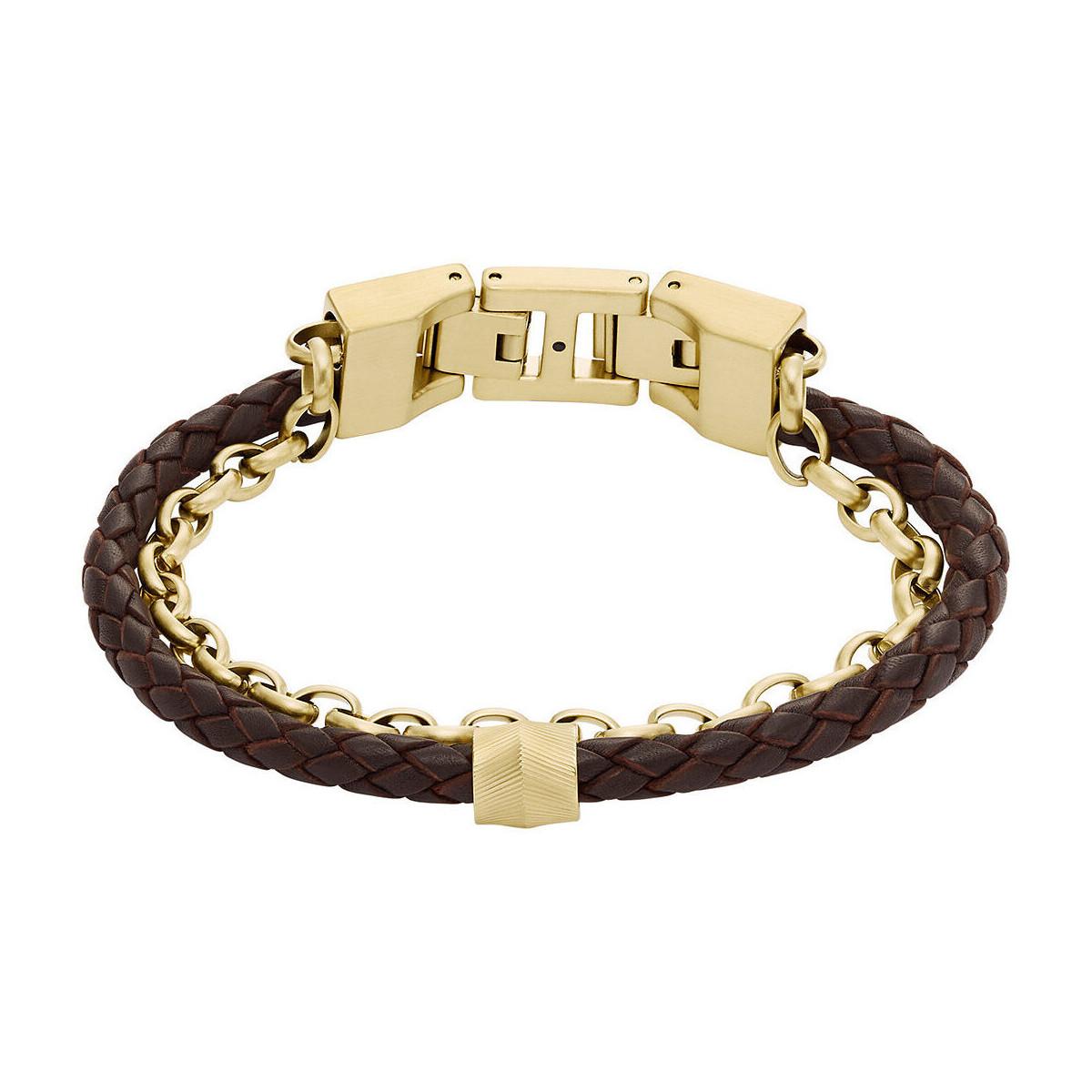 Bracelets Bracelet en Acier Jaune et Cuir Marron Fossil pour homme