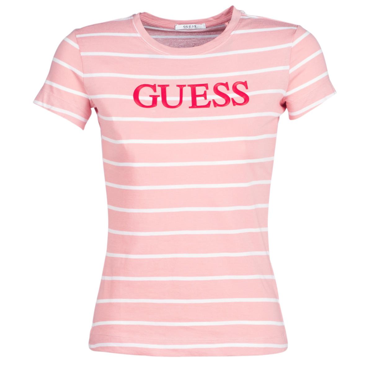 Guess Stripe T Shirt in Pink - Lyst