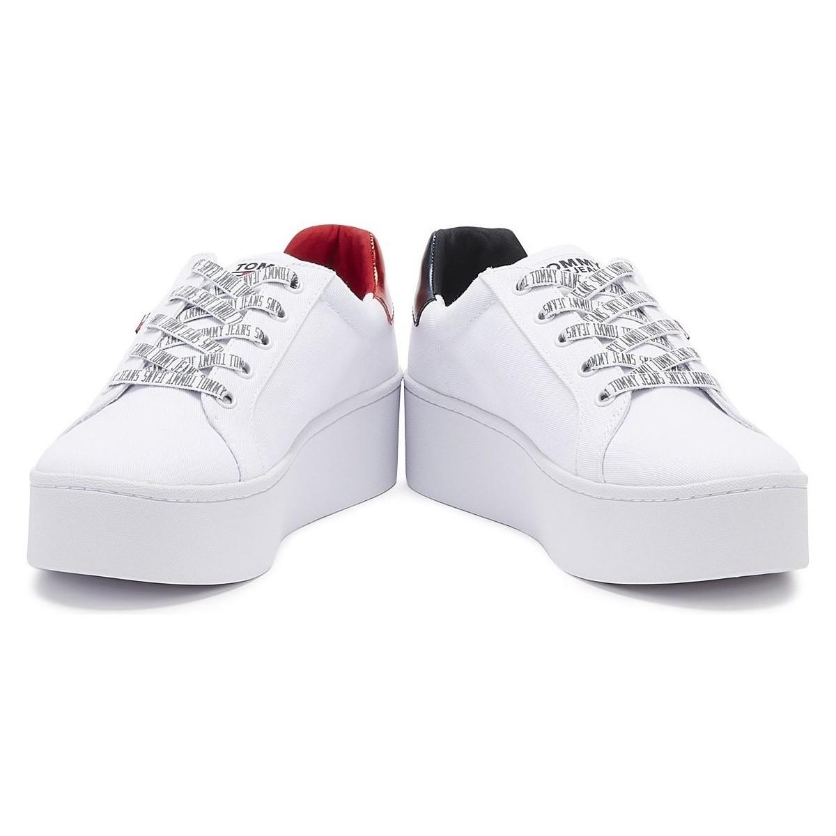 New Womens Tommy Jeans White Icon Flatform Leather Trainers Court Lace Up