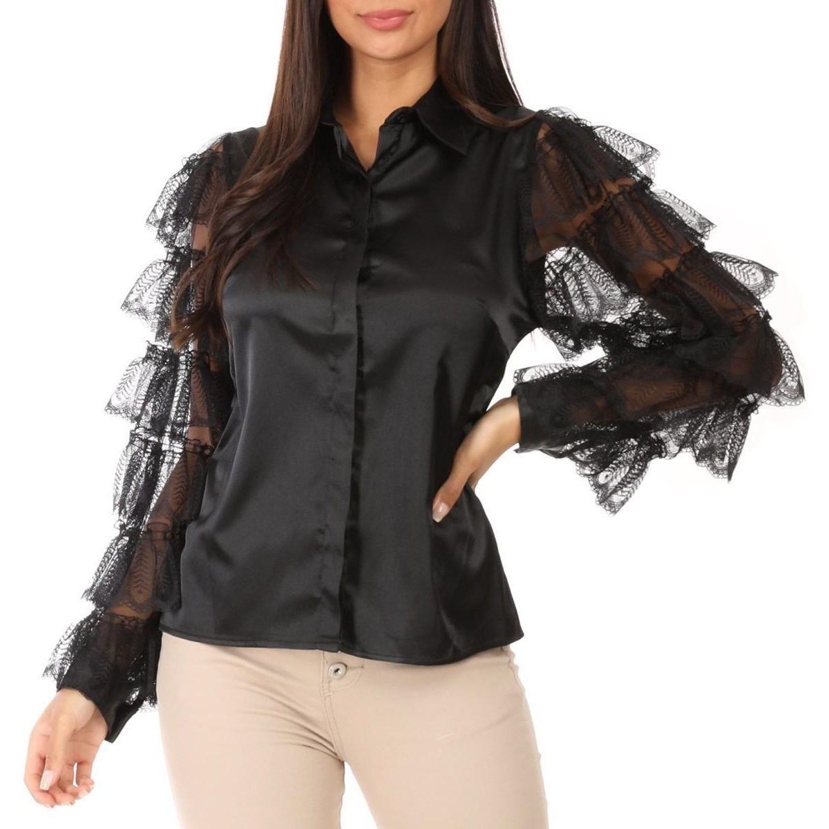 Chemise Chemisier Noir A Manches A Volants En Dentelle La Modeuse En Coloris Noir Lyst