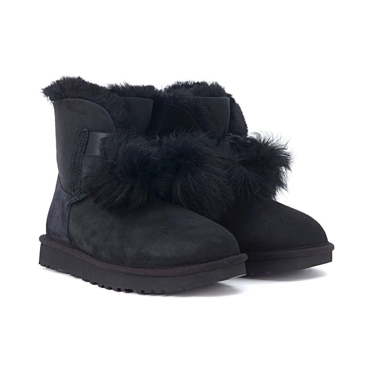 UGG Mini Gita Black Leather Boots With Pom Pom Women's Snow Boots In ...