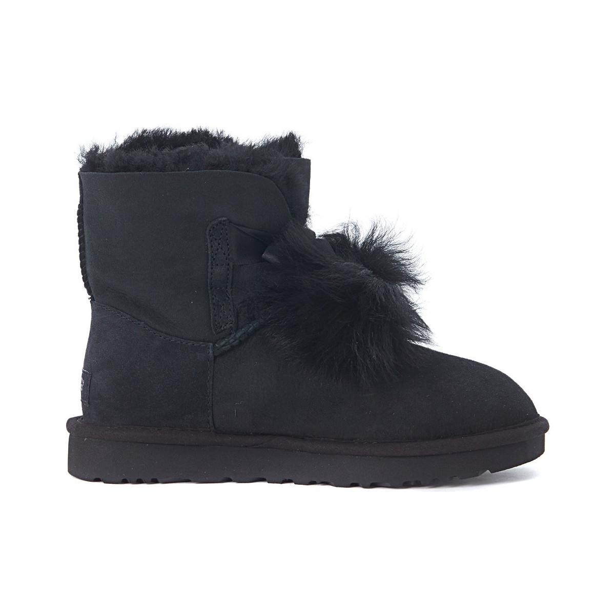 UGG Mini Gita Black Leather Boots With Pom Pom Women's Snow Boots In ...