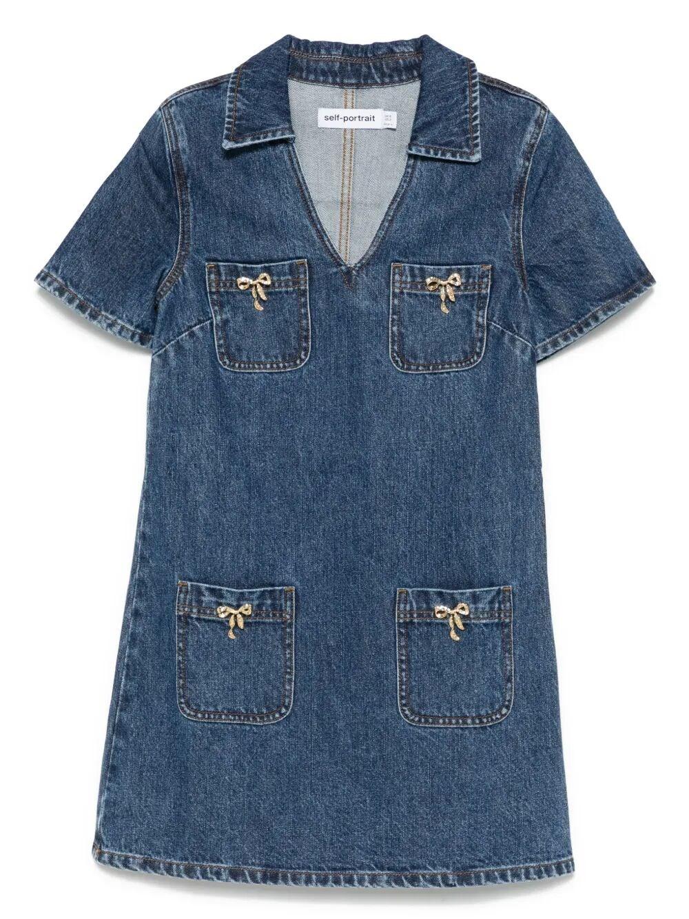 Self-Portrait Denim Crystal Bow Mini Dress in Blue | Lyst