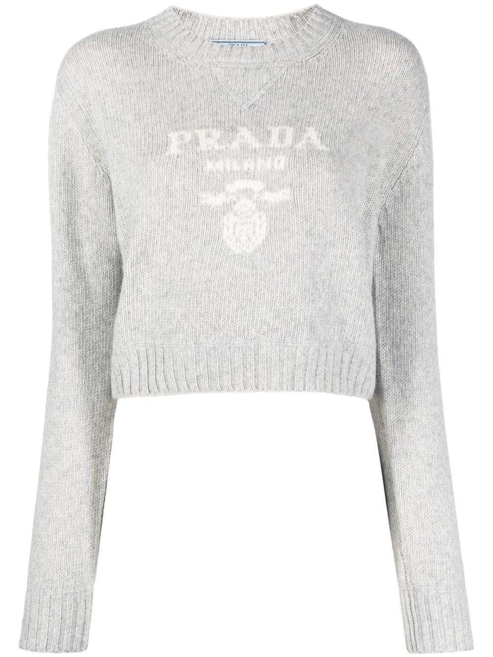Prada Intarsia-logo Cropped Cashmere Jumper in White | Lyst