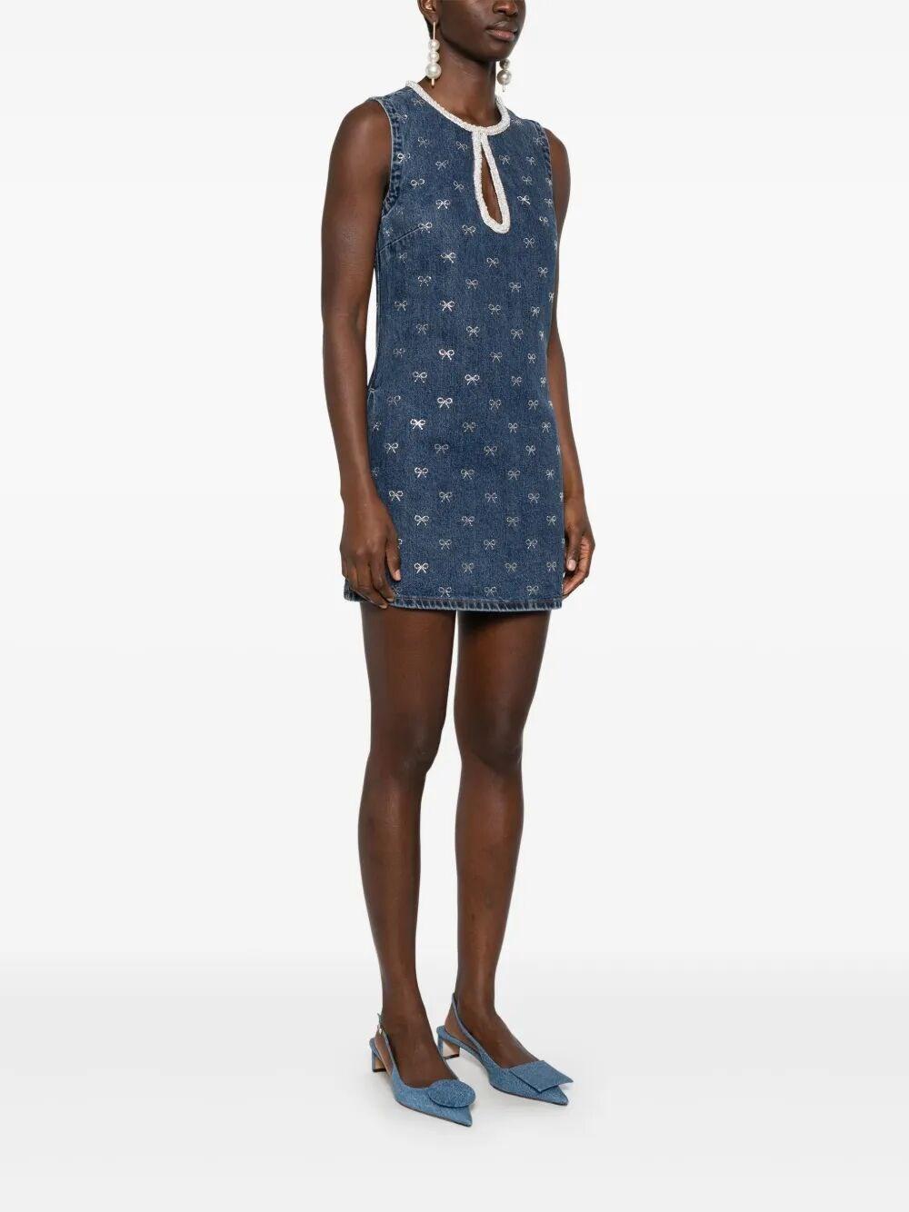 Self-Portrait Crystal-Bow Denim Mini Dress in Blue | Lyst