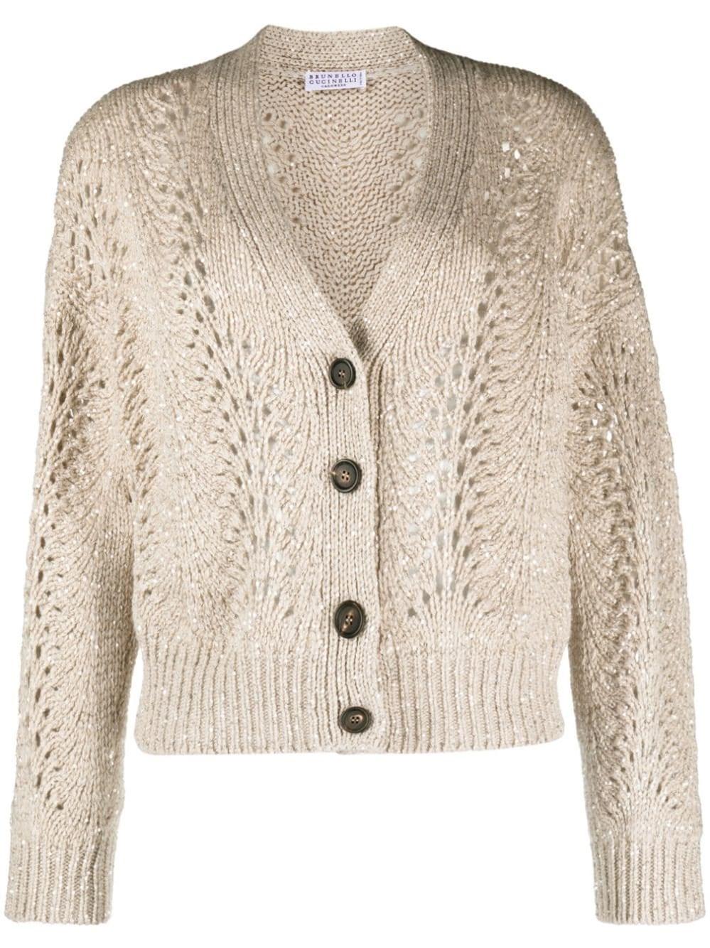Brunello Cucinelli Sequined Open-knit Cardigan in Natural | Lyst