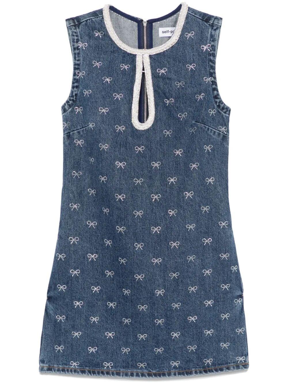 Self-Portrait Crystal-Bow Denim Mini Dress in Blue | Lyst