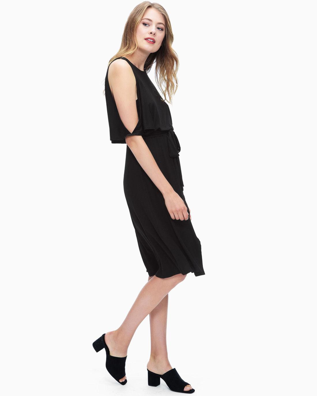black cold shoulder wrap dress