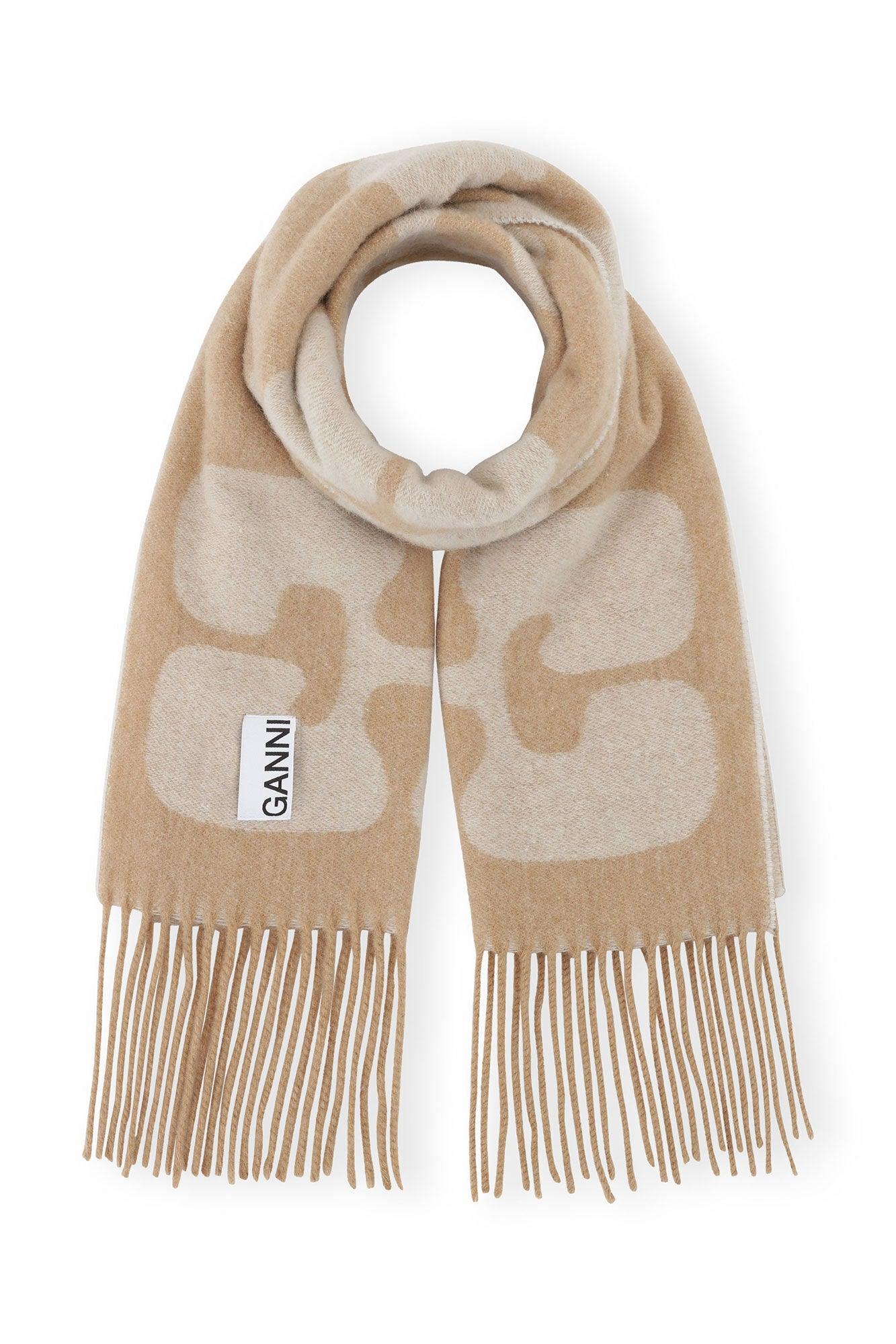 Fringed Wool Scarf in Beige - Ganni