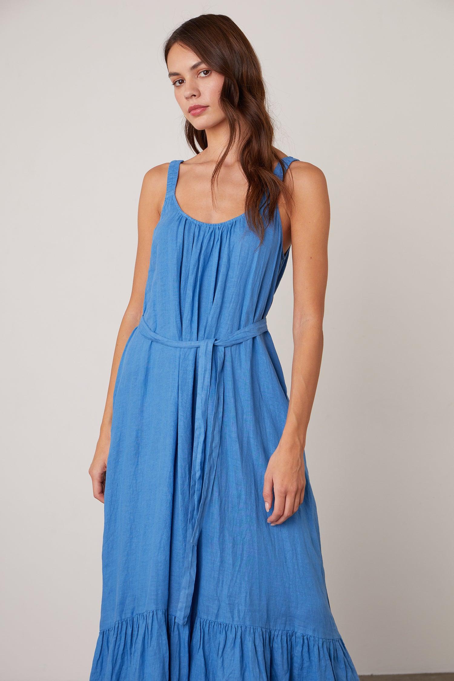 Velvet Elara Linen Midi Dress in Blue Womens Dresses Velvet Dresses 
