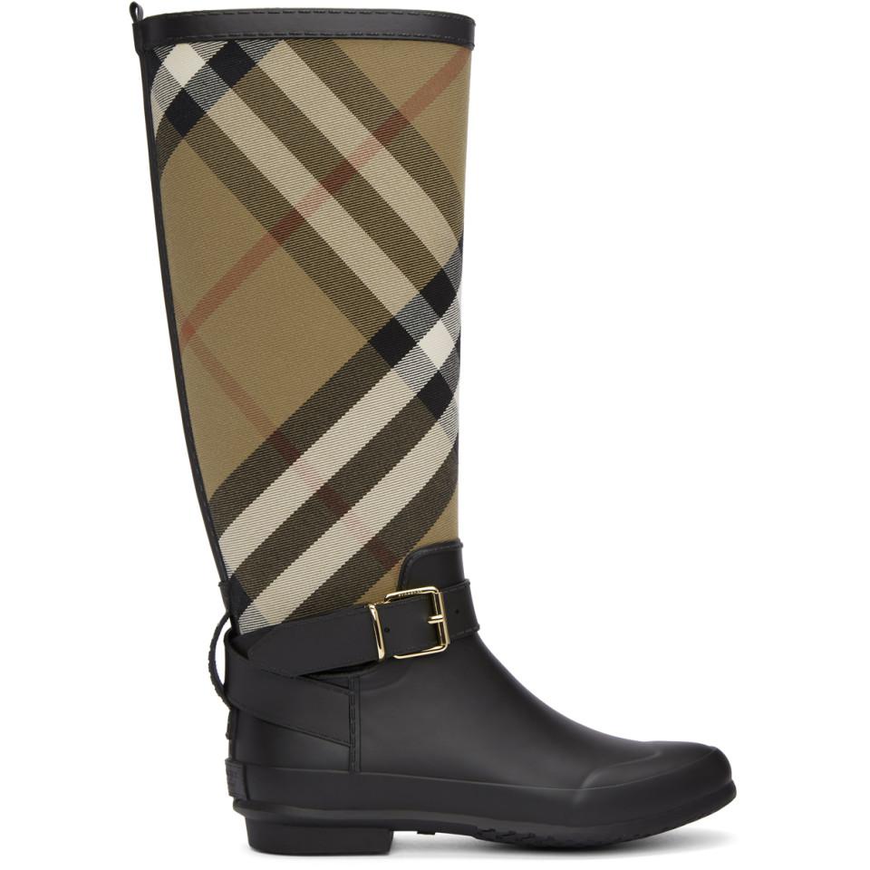 Burberry Checked Cotton-canvas And Rubber Rain Boots in Black 