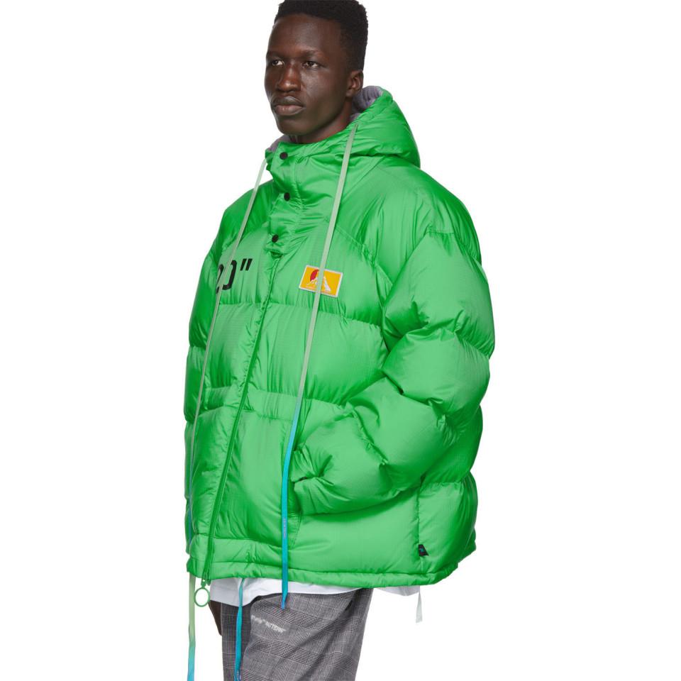 Off-White c/o Printed Techno Puffer Jacket W/ Hood in Green | Lyst