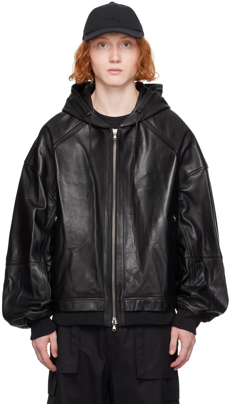 Black leather jacket with cap hotsell