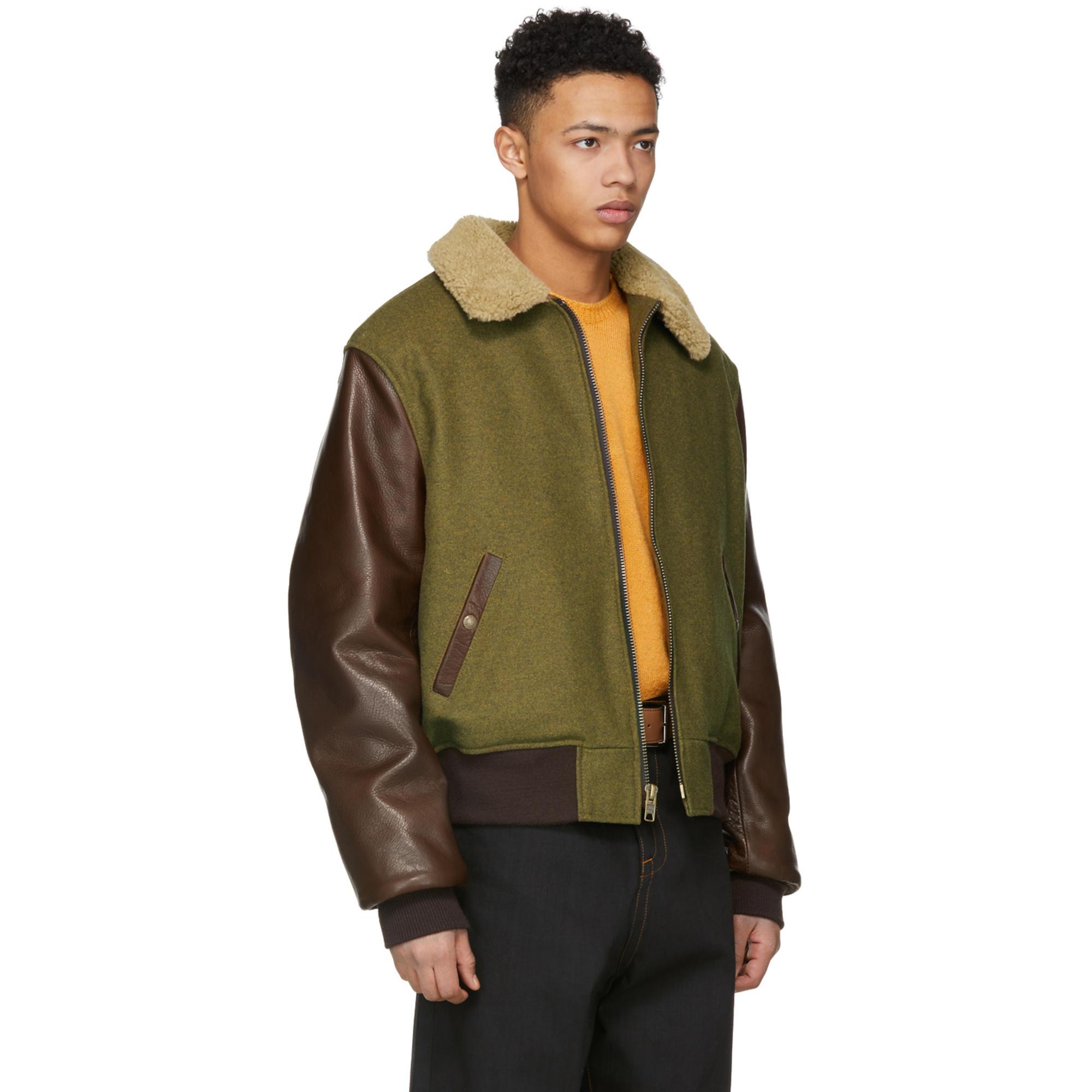 Schott Nyc Green And Brown Wool Leather Jacket For Men
