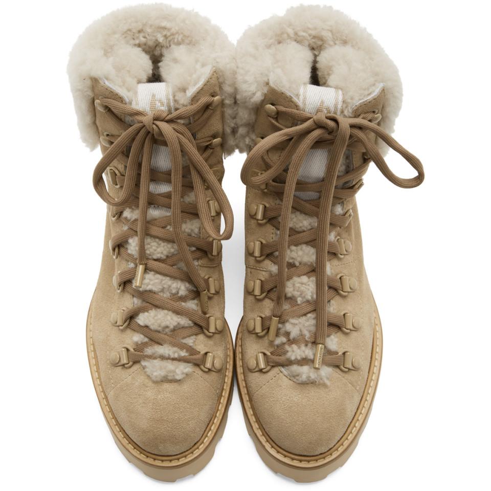 Jimmy Choo Suede Beige Shearling Eshe Hiking Boots in Natural - Lyst