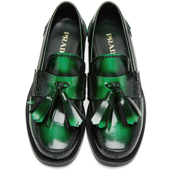 Prada Leather Green Tassel Loafers - Lyst