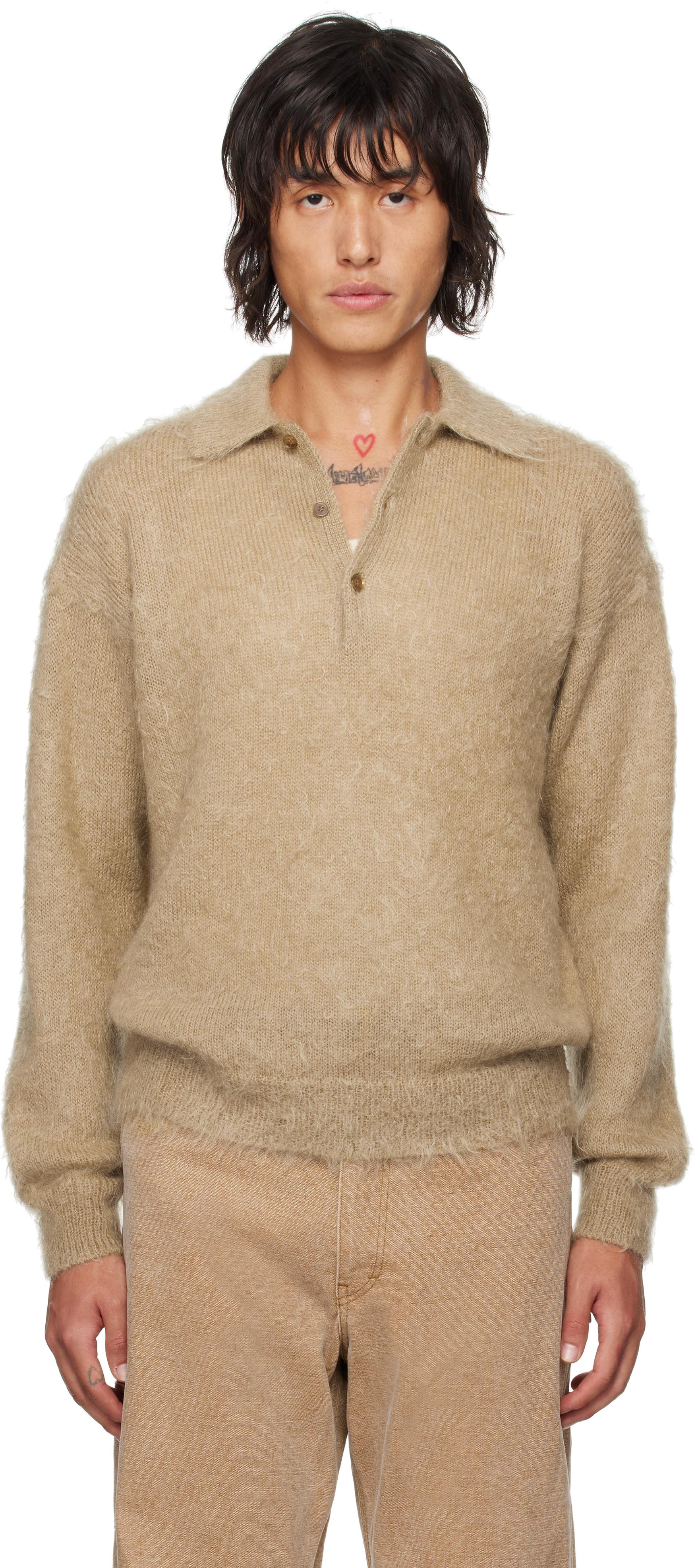 AURALEE メンズ ナチュラル スーパーキッドモヘア ニットポロシャツ T 