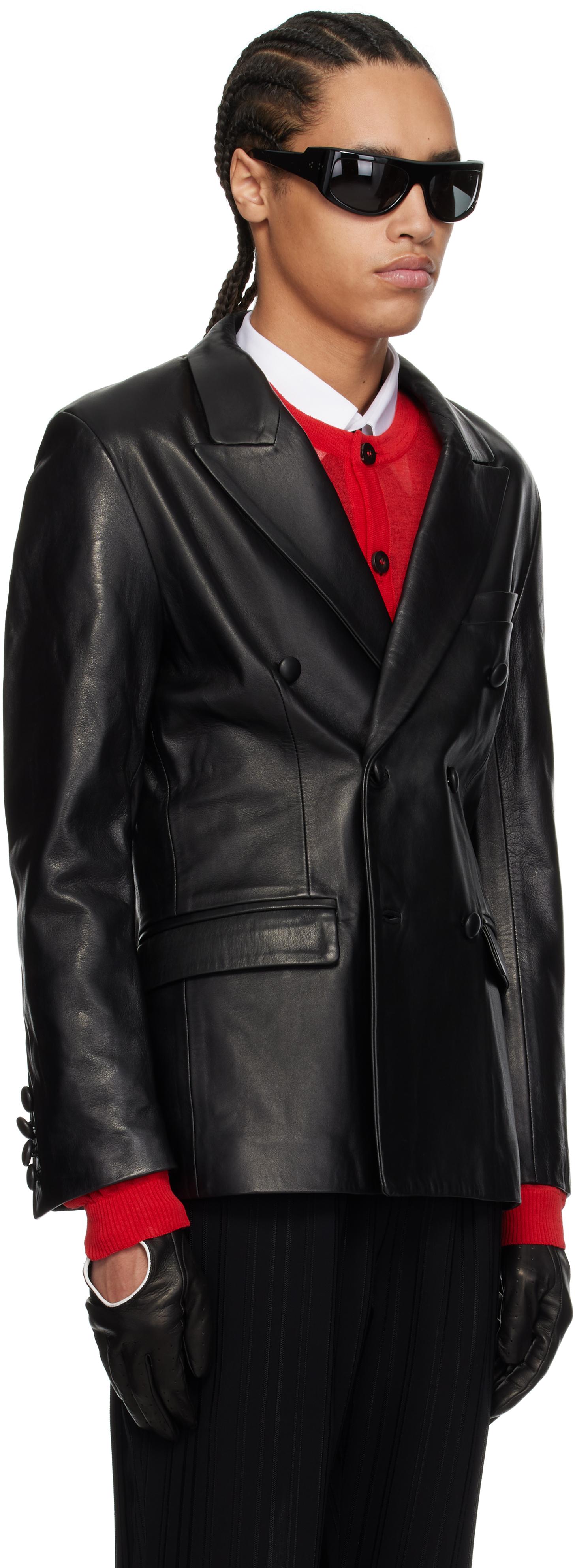 Ernest W. Baker Double Breasted Leather Blazer in Black for