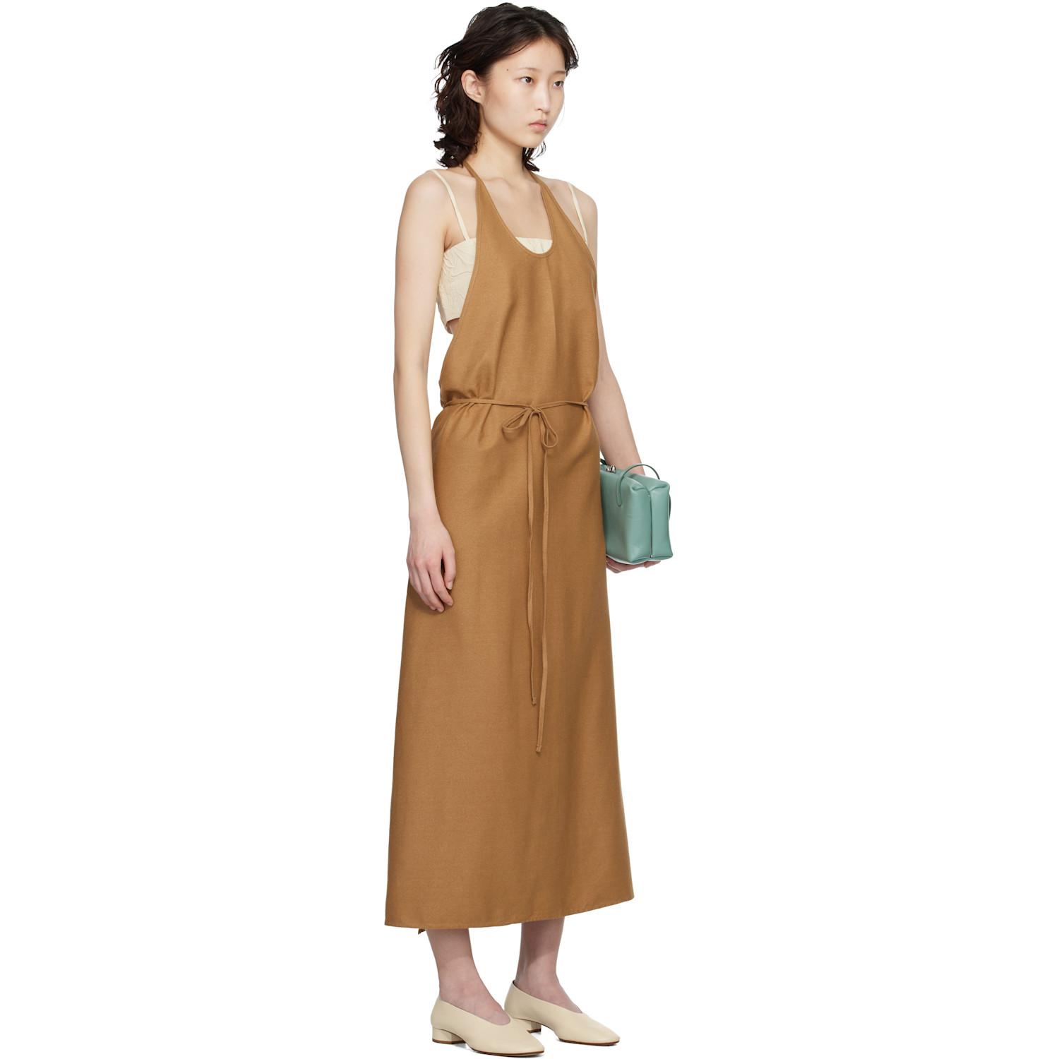 Baserange Tan Wild Silk Apron Midi Dress in Black | Lyst