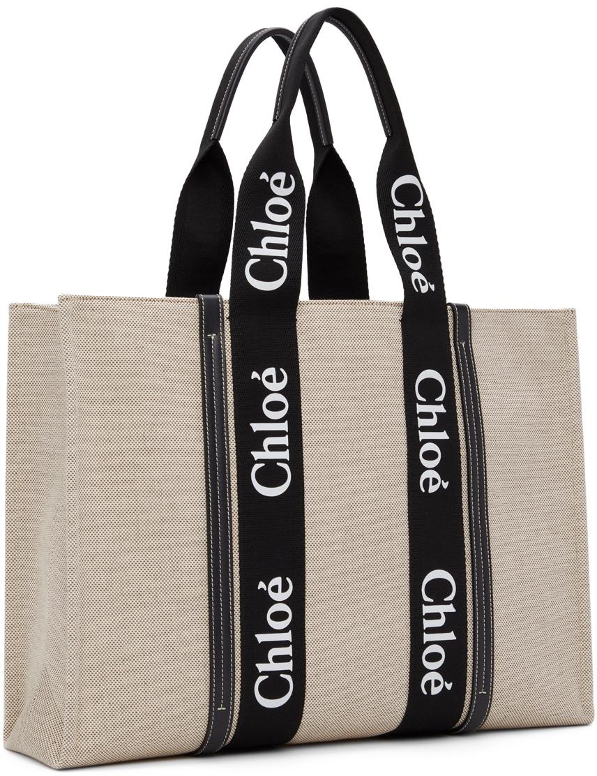 Chloé Woody Large Leather-trimmed Cotton-canvas Tote in White