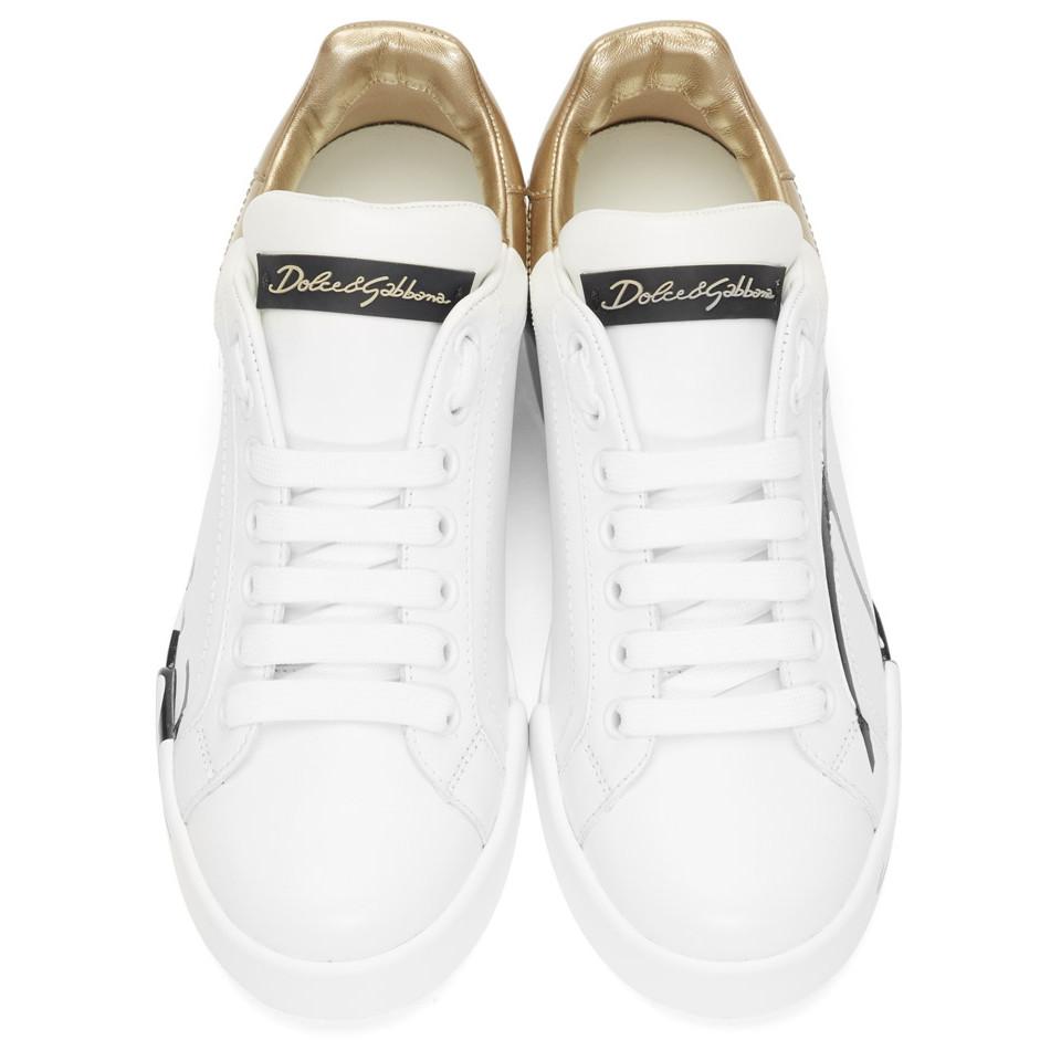 Dolce & Gabbana White And Gold Leather Portofino Sneakers in Metallic - Lyst