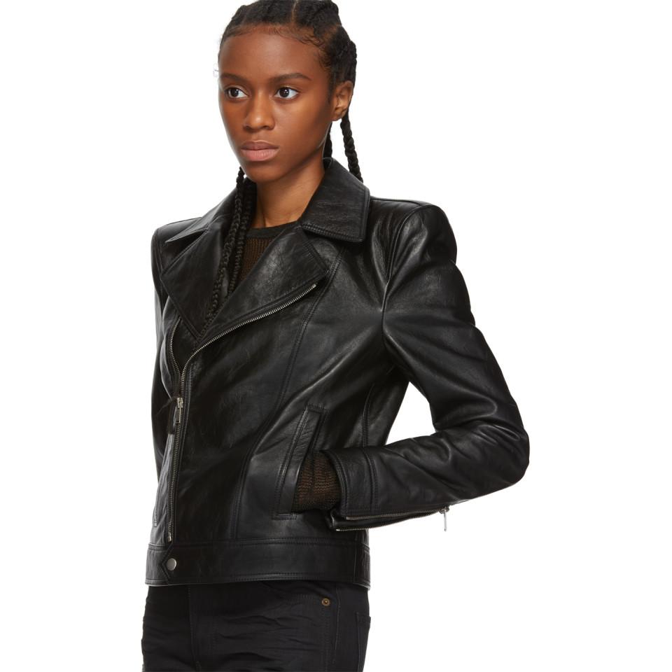 Saint Laurent Black Leather Wide Shoulders Motorcycle Jacket - Lyst