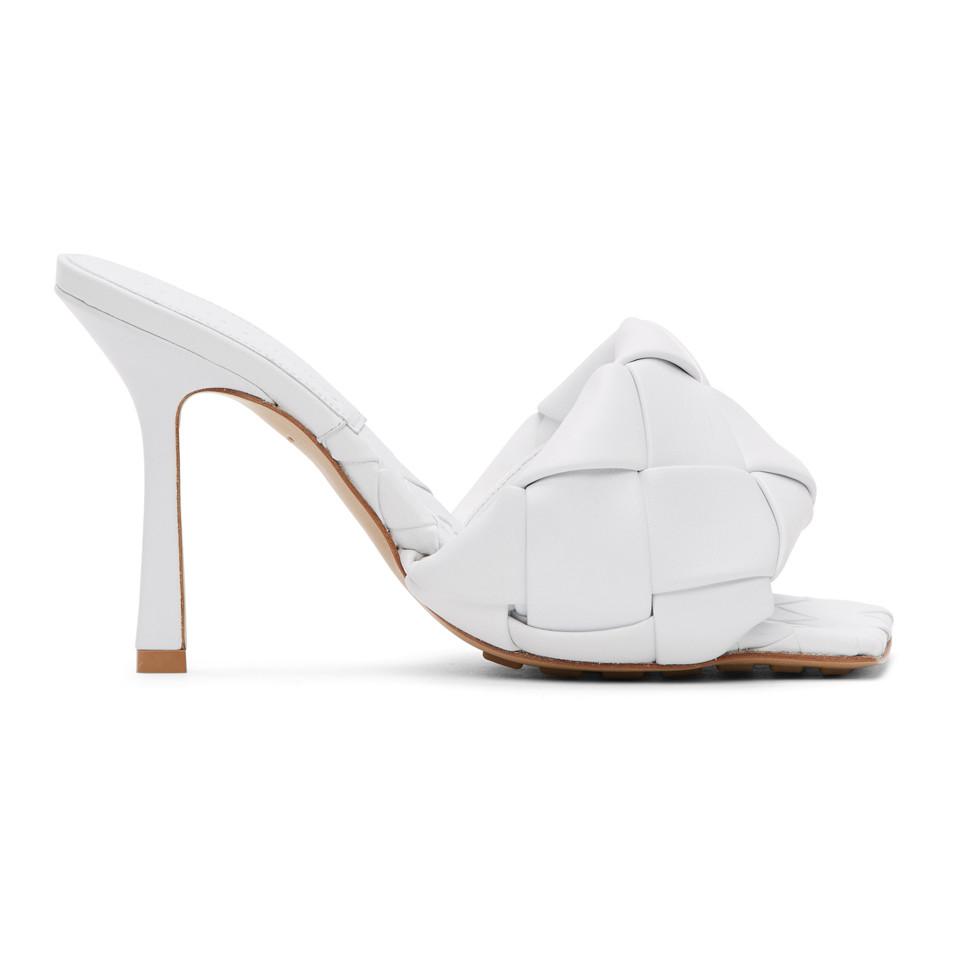 Bottega Veneta Leather White Intrecciato Lido Heeled Sandals - Lyst