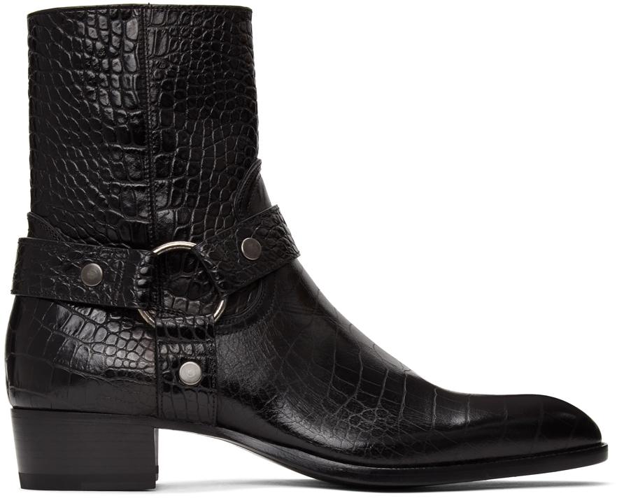 Saint Laurent Croc Wyatt Harness Boots in Black for Men | Lyst