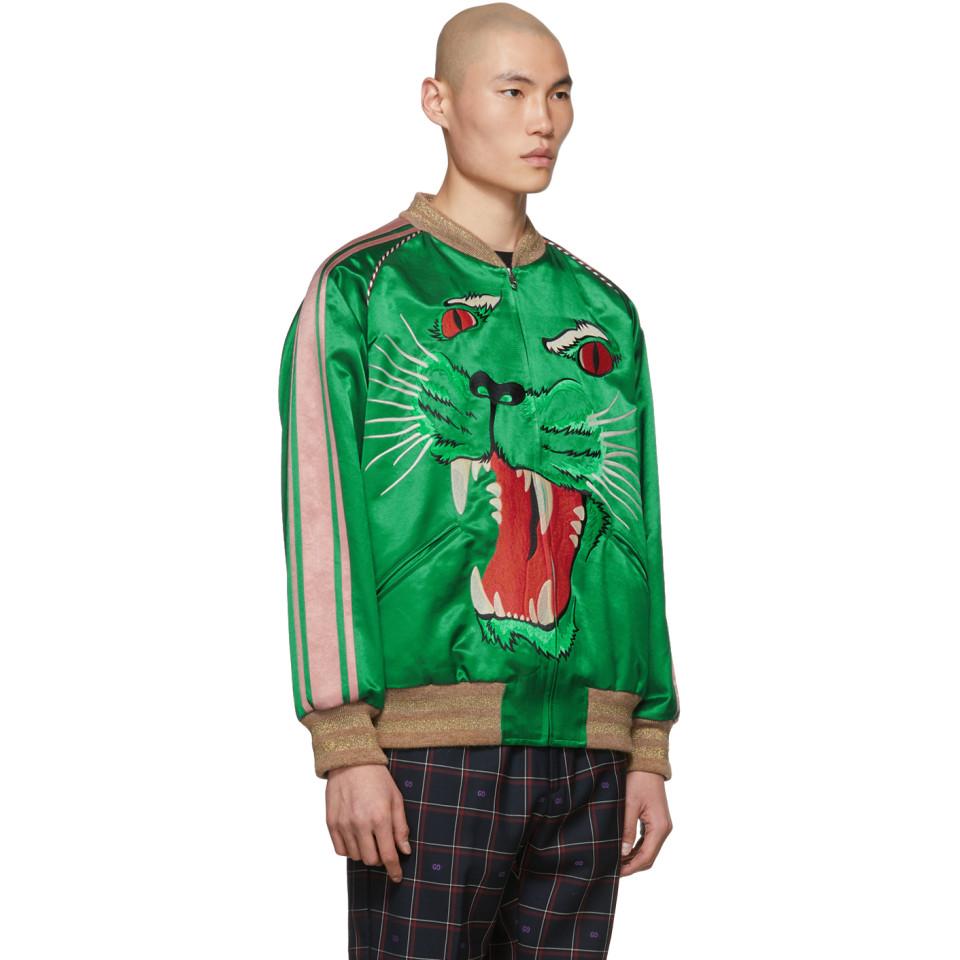 Gucci Satin Green Panther Bomber Jacket for Men - Lyst