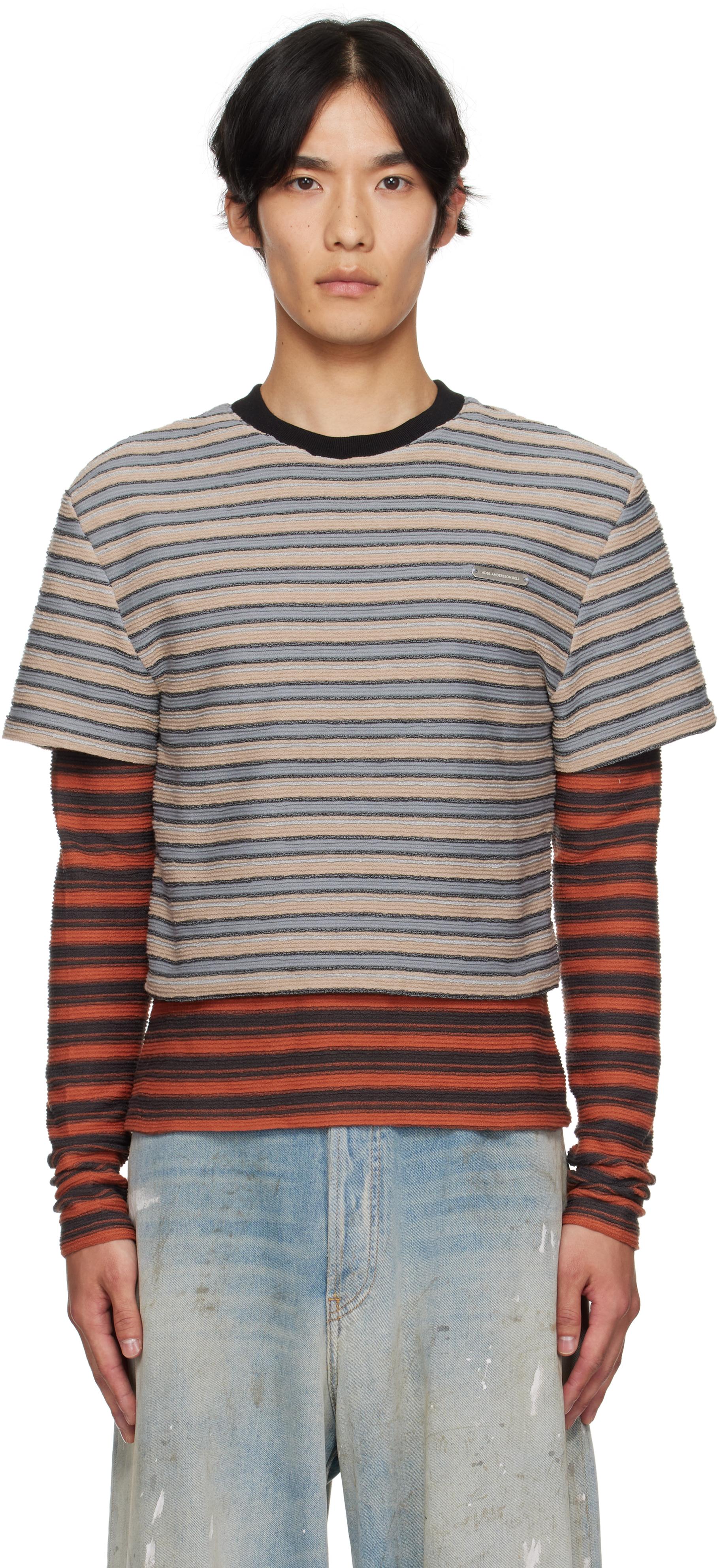 ANDERSSON BELL ベージュ＆オレンジ Stripe LS Tシャツ メンズ 