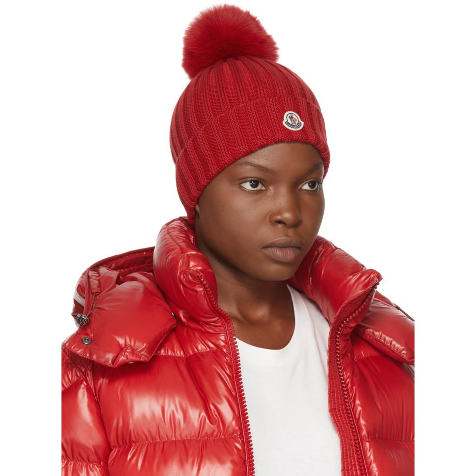 Moncler Fur Pom-pom Logo Knit Beanie in Red | Lyst