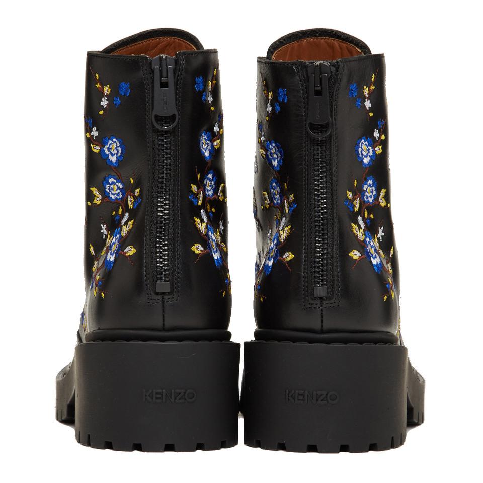 KENZO Leather Black Floral Pike Boots - Lyst