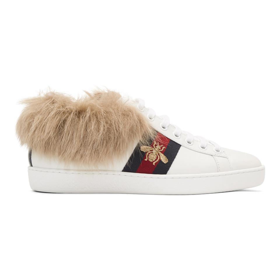 frihed inerti Downtown Gucci White New Ace Fur Sneakers | Lyst